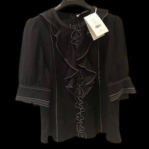 NWT Ulla Johnson Amisa Topstitched Ruffle Top Size 4 Color Noir 100% Viscose